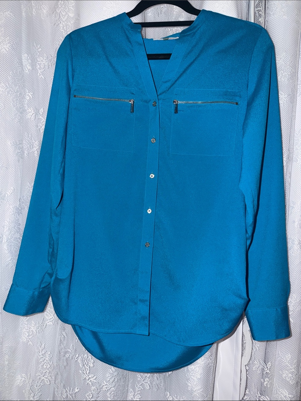 Calvin Klein Teal Long-Sleeve Button-Down Blouse with Zip Pockets